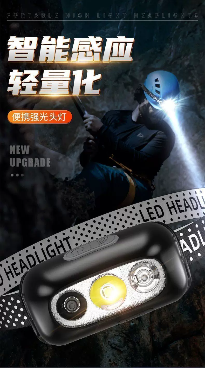 Headlight super bright rechargeable head mounted strong light sensing special bright LED flashlight small portable night fishing light