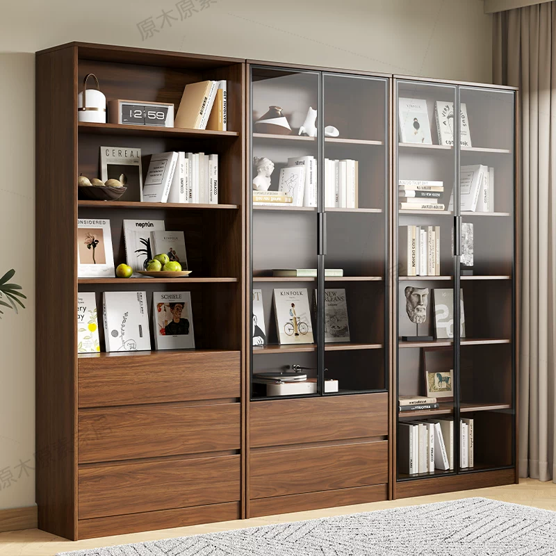 Solid wood bookshelf, storage cabinet, integrated home living room, wall mounted display cabinet, storage rack with glass door, floor standing filing cabinet