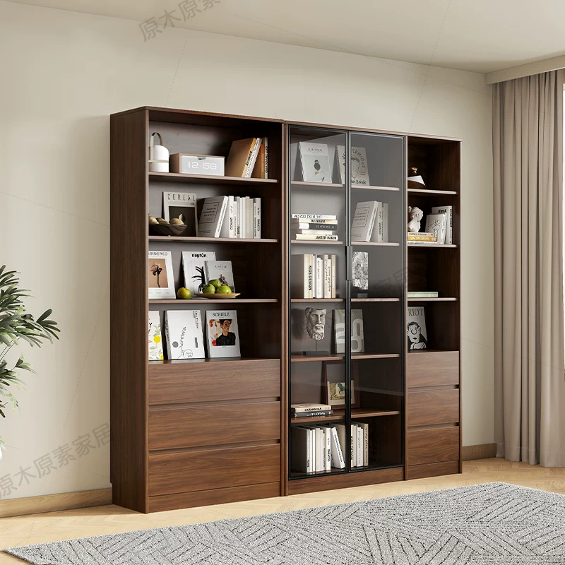Solid wood bookshelf, storage cabinet, integrated home living room, wall mounted display cabinet, storage rack with glass door, floor standing filing cabinet
