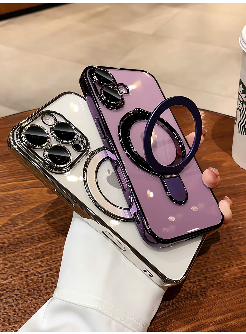 Suitable for iPhone 16 Promax phone case magnetic pivot bracket, Apple 17 transparent all inclusive anti drop 14 hard cover