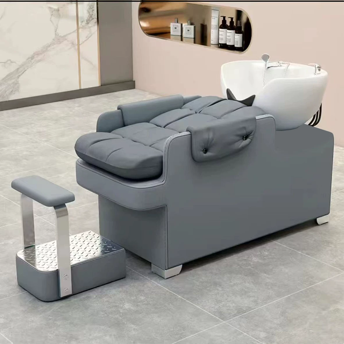 New hair washing bed, hair salon exclusive semi reclining large ceramic basin with foot pedals, high-end modern hair washing and hairdressing lounge chair