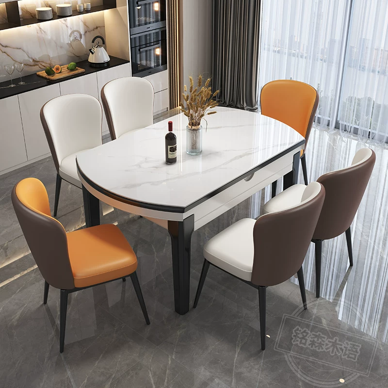 Modern minimalist and luxurious rock slab dining table and chair combination for small units, foldable and expandable round table with induction cooker function, household dining table