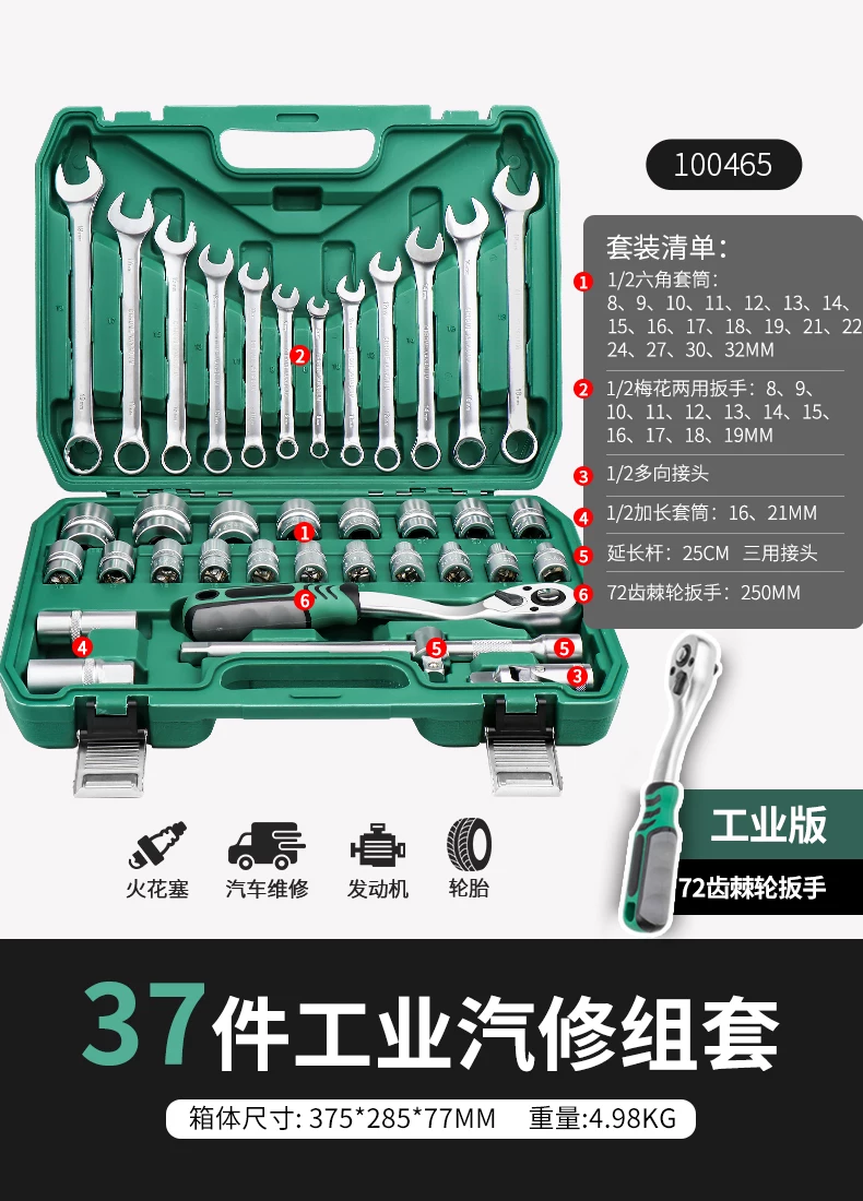 46 piece set of auto repair tools for new energy vehicle maintenance, 72 tooth ratchet wrench, professional tool S2 set