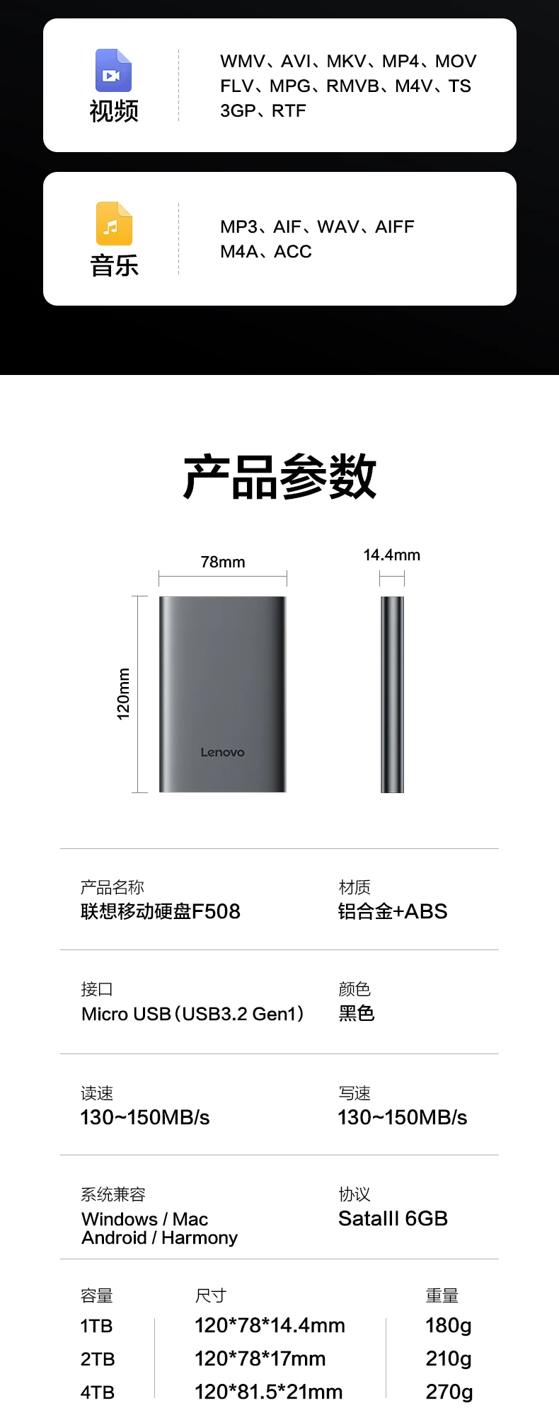Popular Lenovo F508 portable hard drive 2t large capacity high-speed 1t USB 3.2 external tablet