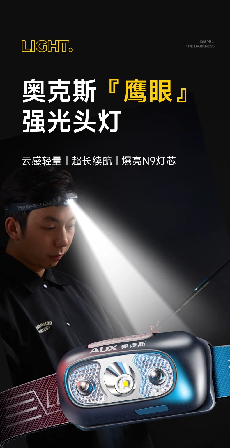 AUX headlights, strong light charging, ultra bright sensing, head mounted lighting, ultra long endurance, outdoor fishing, hiking, small size