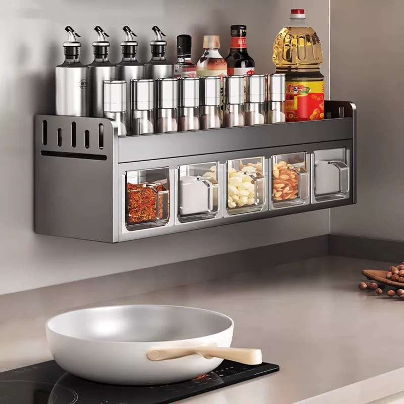 Kitchen seasoning storage rack, non perforated wall hanging, multifunctional seasoning combination set, seasoning box jar, kitchen and household use