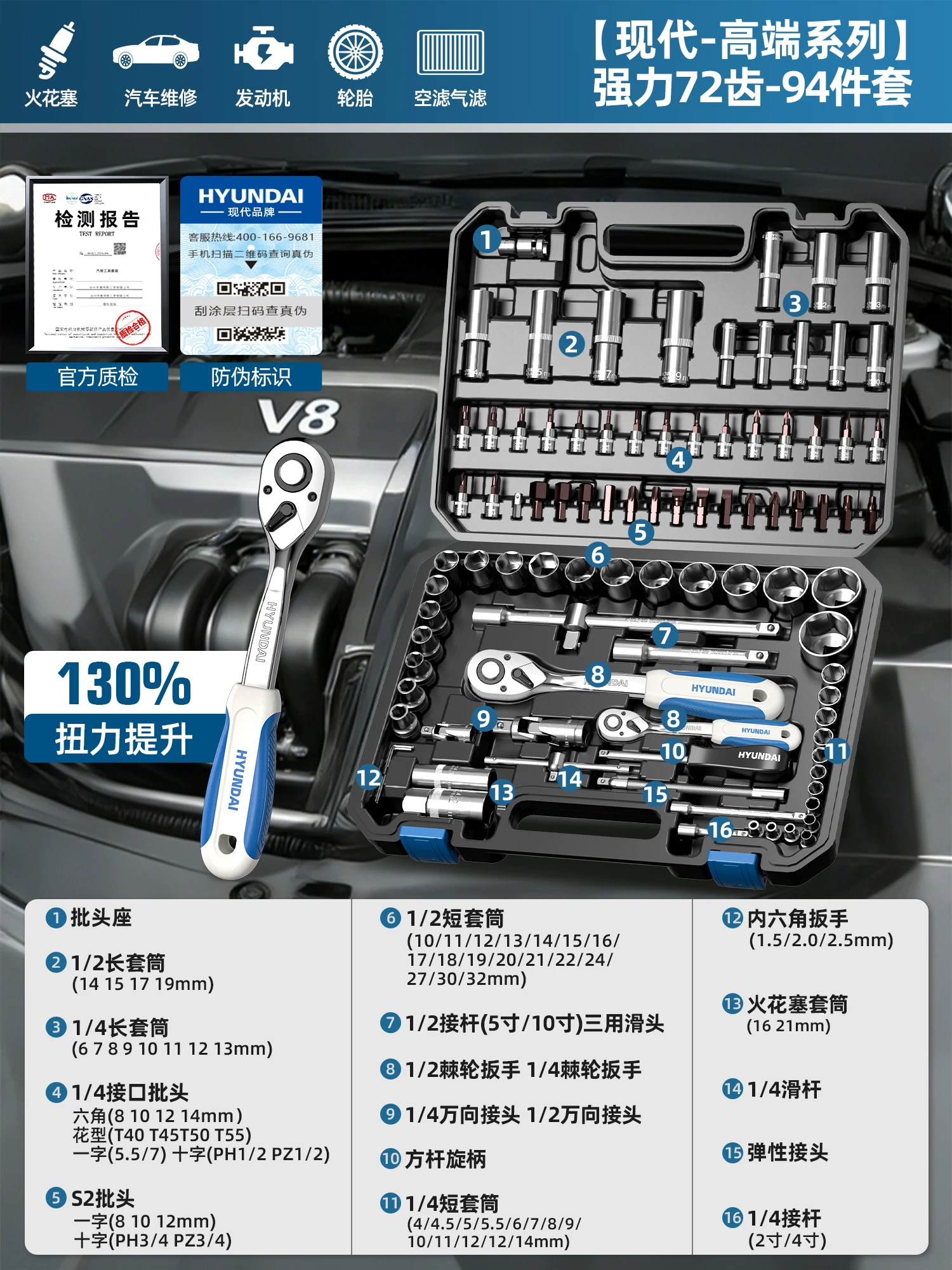 现代套筒组合套装棘轮扳手1/4吋套筒扳手中飞大飞修车汽修维修工具组合全套