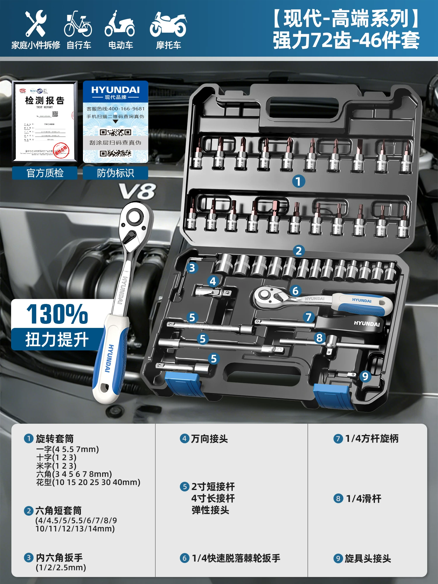 现代套筒组合套装棘轮扳手1/4吋套筒扳手中飞大飞修车汽修维修工具组合全套