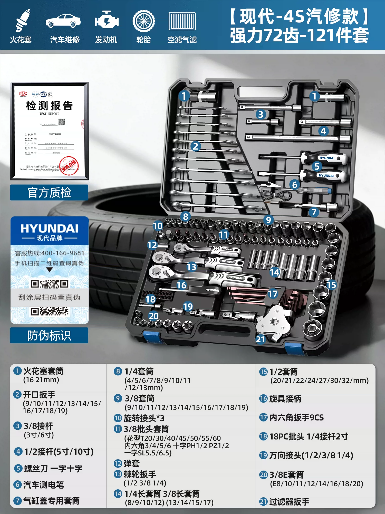 现代套筒组合套装棘轮扳手1/4吋套筒扳手中飞大飞修车汽修维修工具组合全套