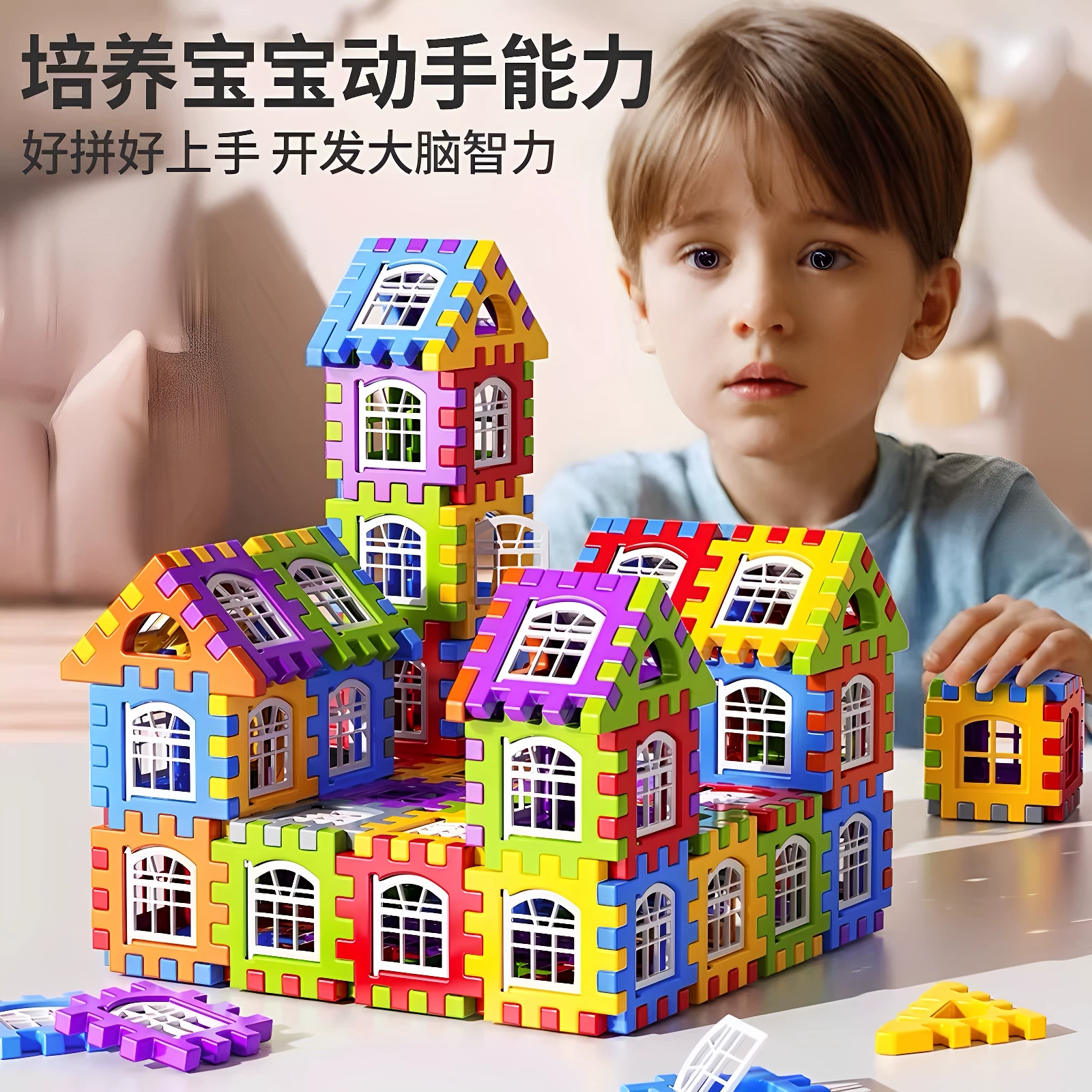 Children building houses, assembling puzzle toys with building blocks, to 6-year-old girl and boy big particle blocks, birthday gift puzzle