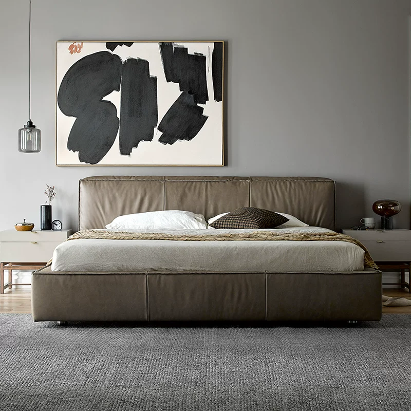 Kena Kona/Nordic Full Leather Badide Saymide Cowhide -Минималистская высокая кроватя с двойной кровати.