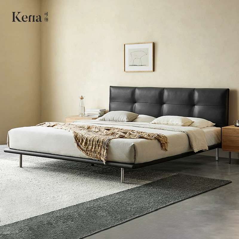 Kena Cocoa/Cocoa Bed Light Light Luxury Leather Современная минималистская черная главная спальня Подвесная нордическая настоящая деревянная двуспальная кровать z z