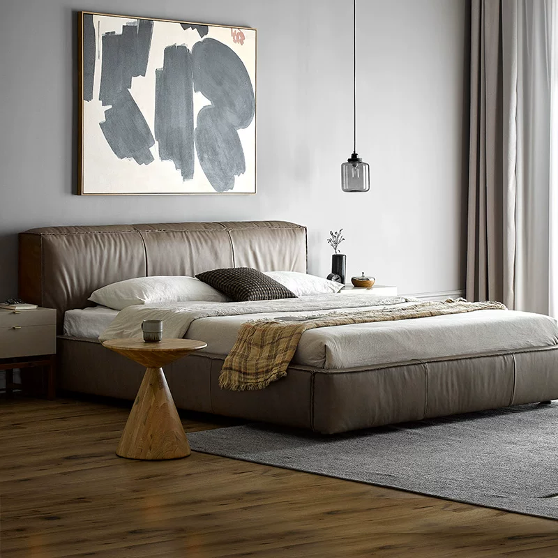 Kena Kona/Nordic Full Leather Badide Saymide Cowhide -Минималистская высокая кроватя с двойной кровати.