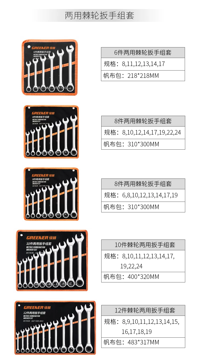 German Green Forest Dual purpose Wrench Set 15 piece Metric Plum Wrench and Ratchet Tool Set