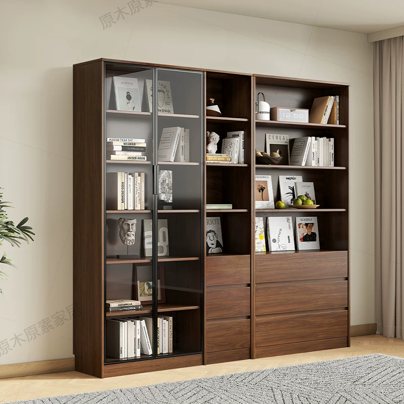 Solid wood bookshelf, storage cabinet, integrated home living room, wall mounted display cabinet, storage rack with glass door, floor standing filing cabinet