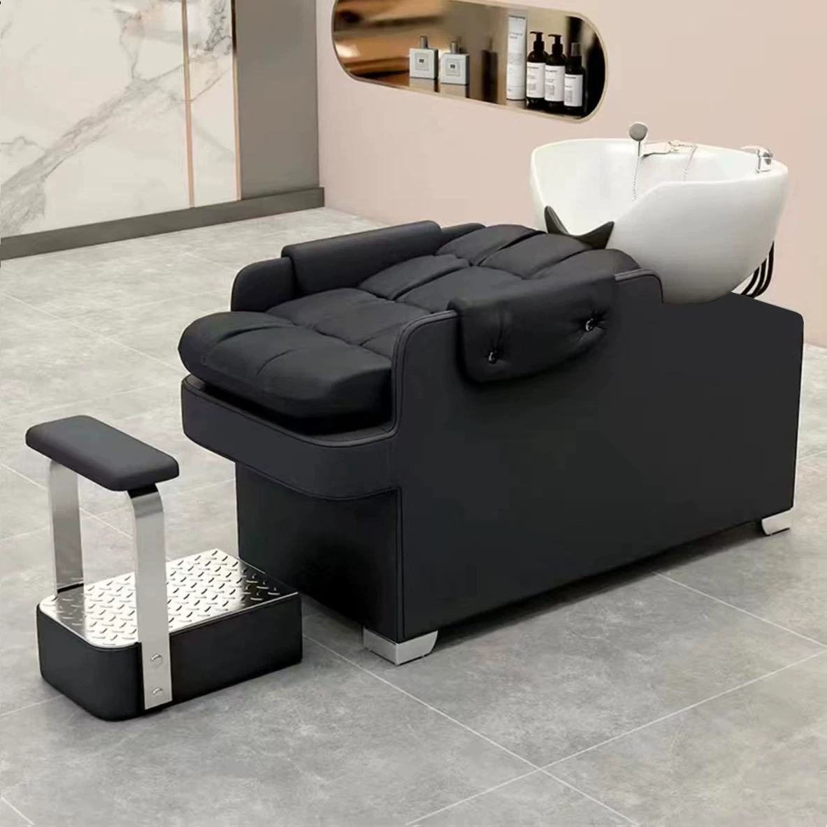 New hair washing bed, hair salon exclusive semi reclining large ceramic basin with foot pedals, high-end modern hair washing and hairdressing lounge chair