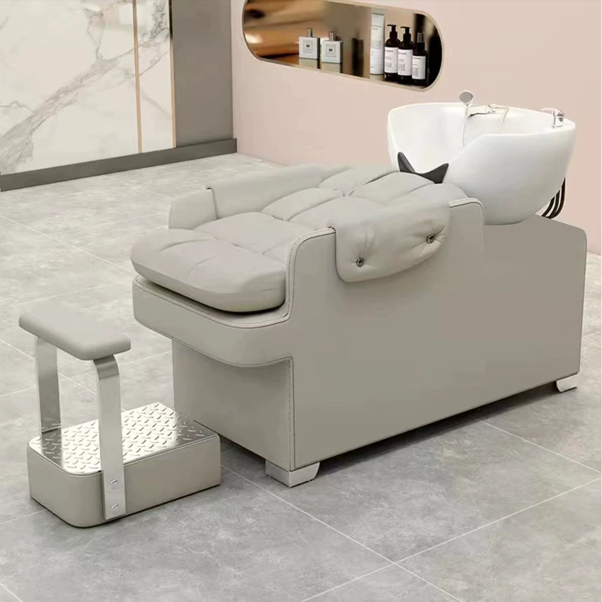 New hair washing bed, hair salon exclusive semi reclining large ceramic basin with foot pedals, high-end modern hair washing and hairdressing lounge chair