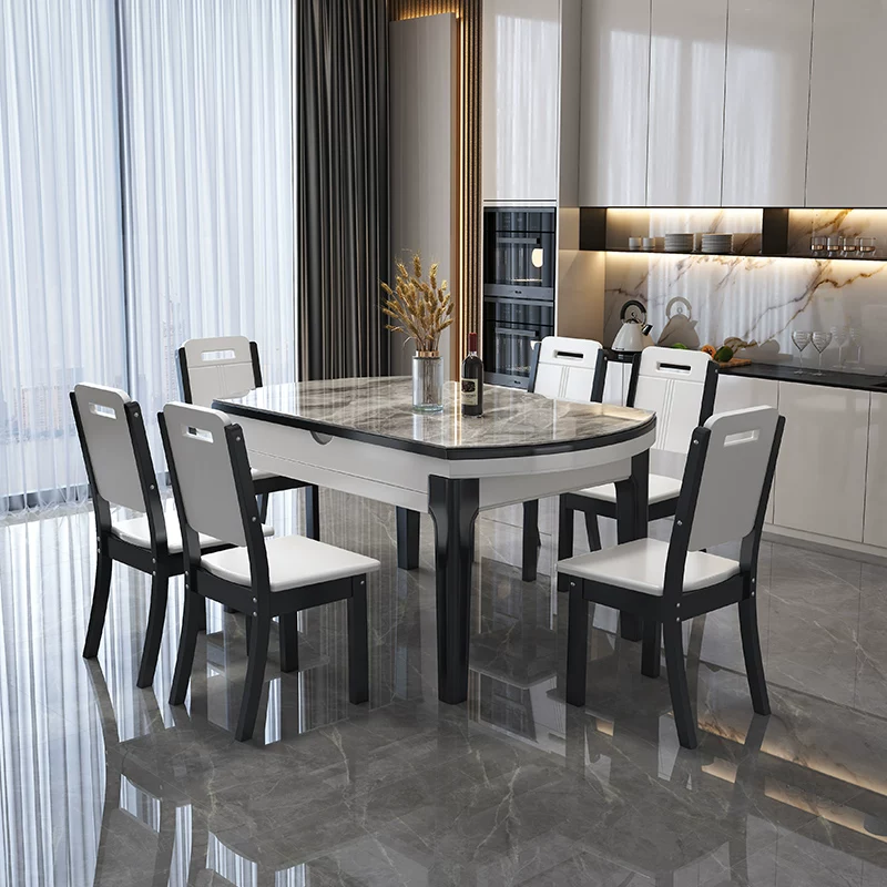 Modern minimalist and luxurious rock slab dining table and chair combination for small units, foldable and expandable round table with induction cooker function, household dining table