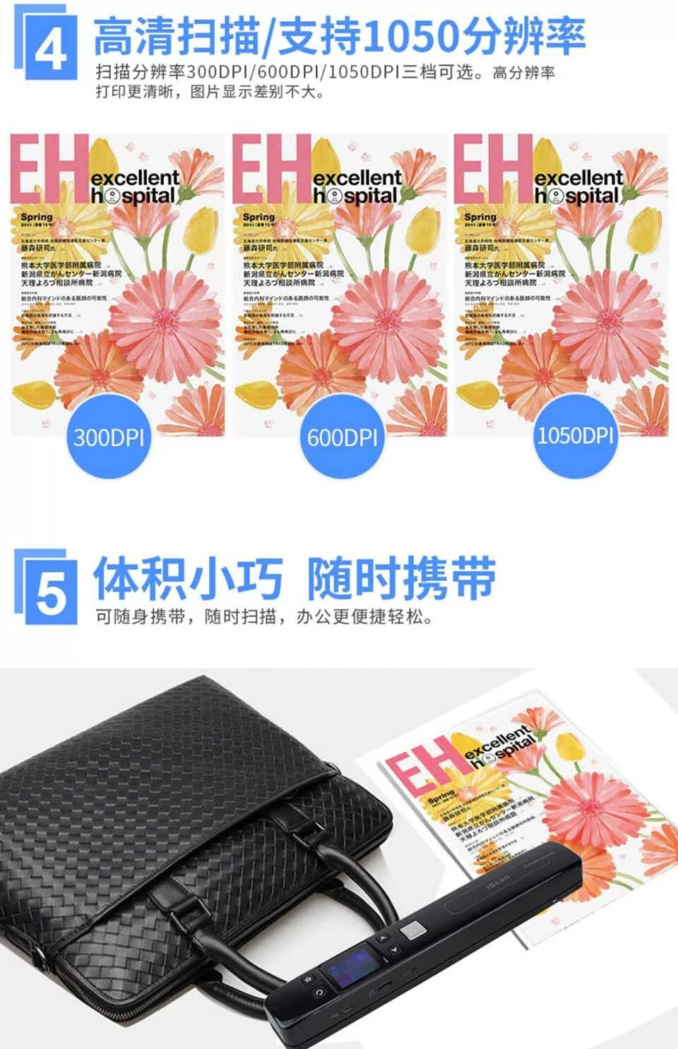 Portable A4 high-definition office handheld scanner with scanning pen, drawing pen, text, photo, ID, wireless cable scanner, home borderless scanner