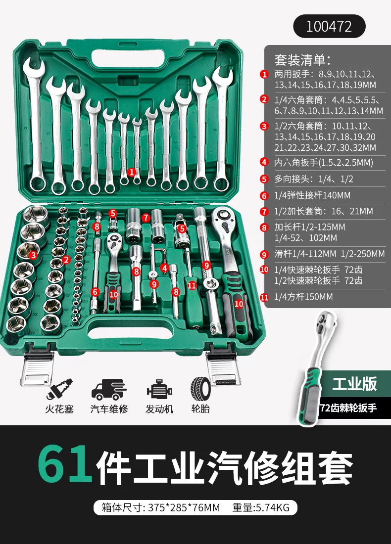 46 piece set of auto repair tools for new energy vehicle maintenance, 72 tooth ratchet wrench, professional tool S2 set