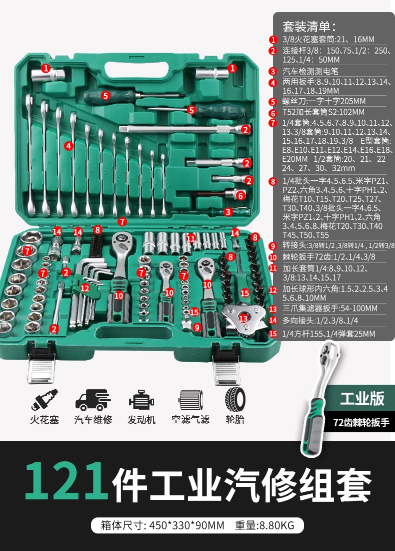 46 piece set of auto repair tools for new energy vehicle maintenance, 72 tooth ratchet wrench, professional tool S2 set