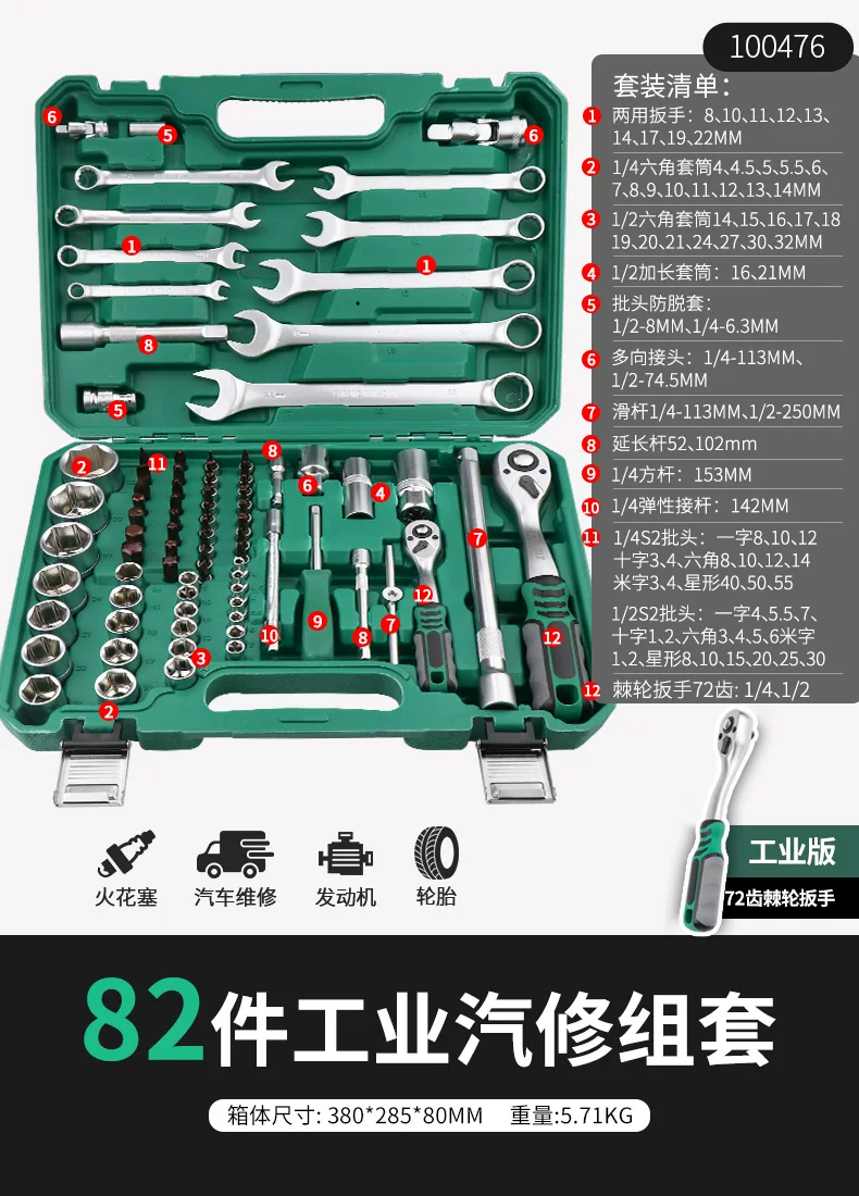 46 piece set of auto repair tools for new energy vehicle maintenance, 72 tooth ratchet wrench, professional tool S2 set