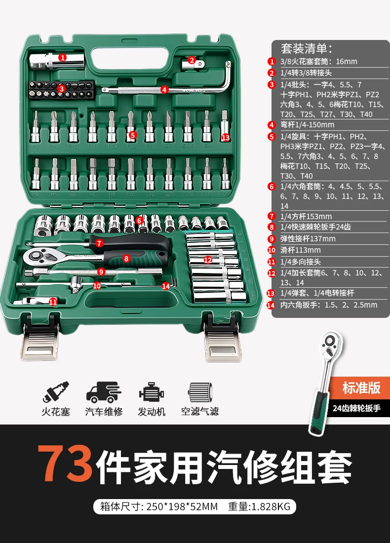 46 piece set of auto repair tools for new energy vehicle maintenance, 72 tooth ratchet wrench, professional tool S2 set