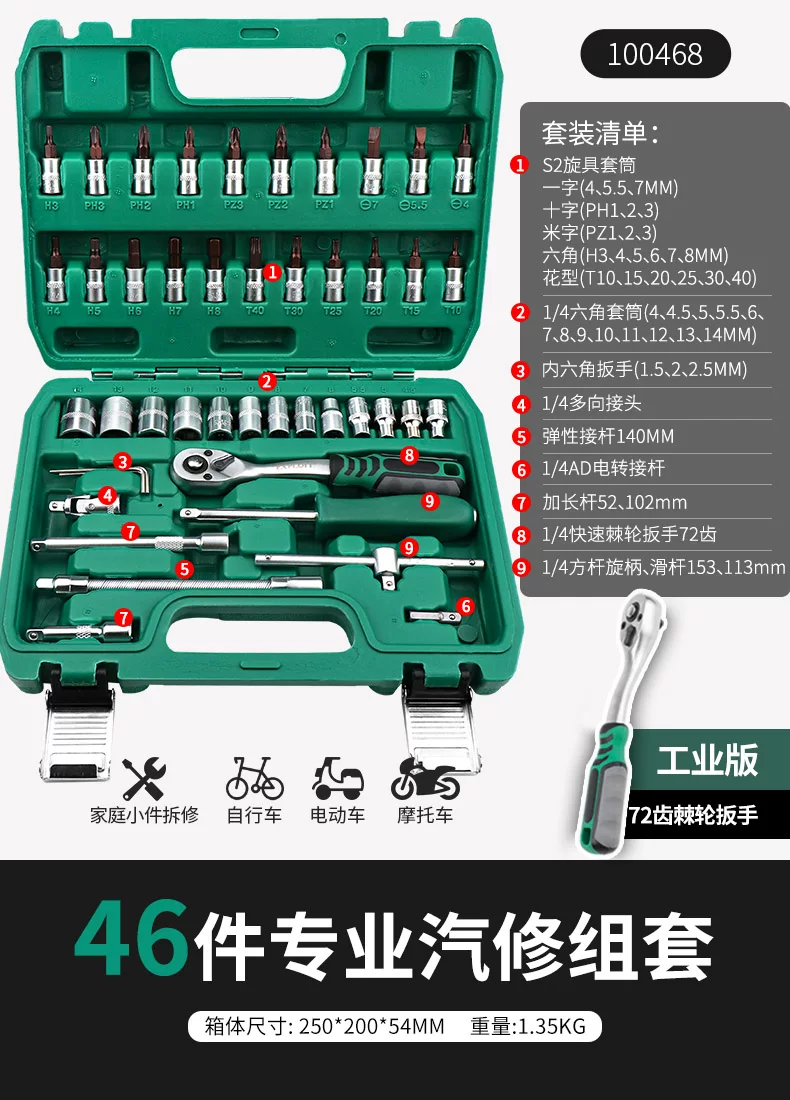 46 piece set of auto repair tools for new energy vehicle maintenance, 72 tooth ratchet wrench, professional tool S2 set