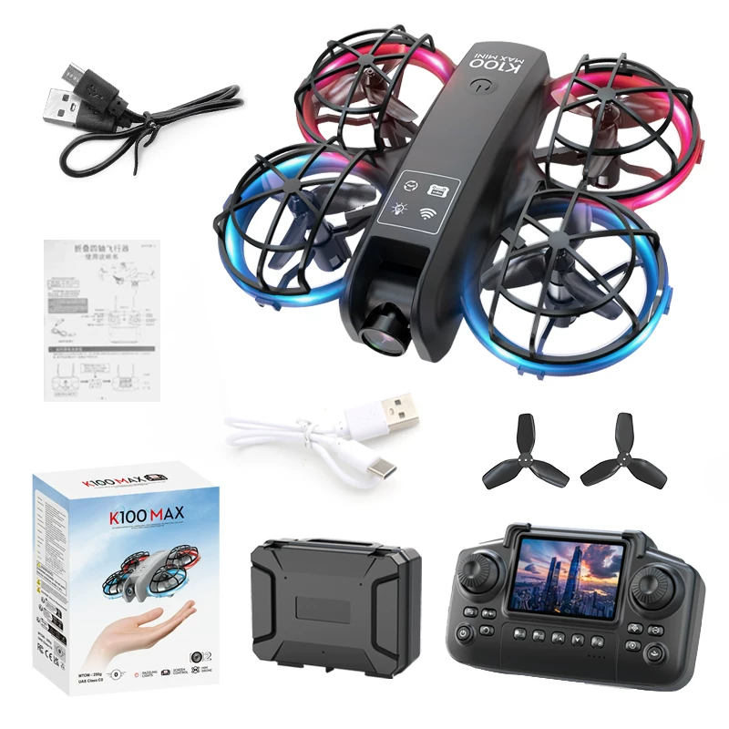 Drone with screen, colorful lights, full protection frame, aerial photography drone, mini remote control, airplane toy, beginner level