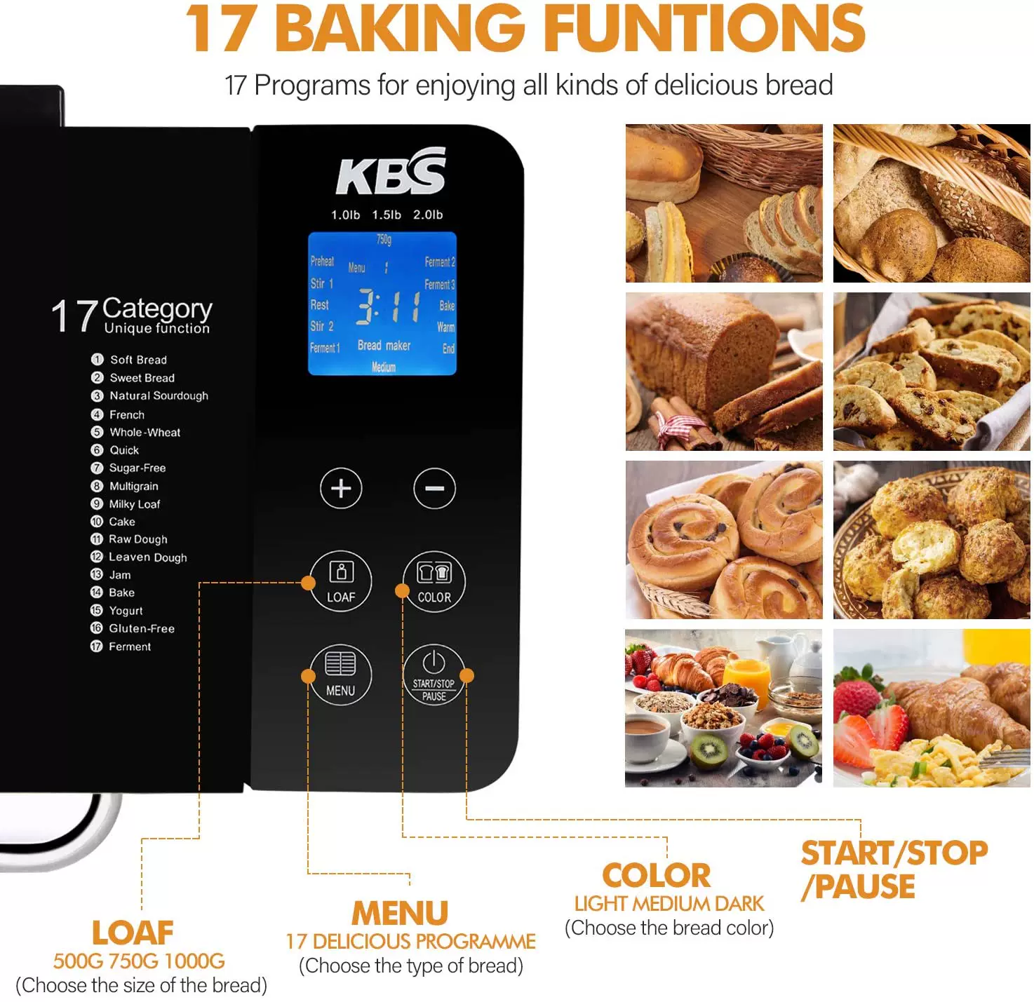 Хлебопечка KBS 17-в-1 с безглютеновым режимом и диспенсером для орехов