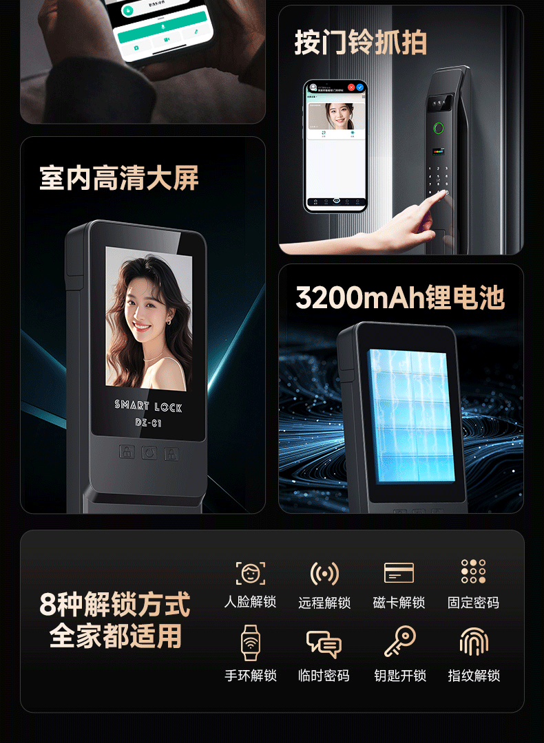 Интеллектуальный дверной замок Double voice Fingerprint lock с распознаванием лиц