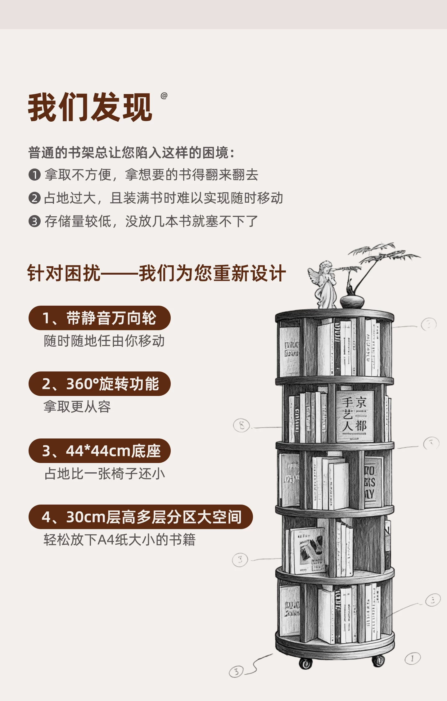 Solid wood core rotating bookshelf, 360 degree movable living room retro narrow bookshelf, floor standing storage rack, multi-layer storage cabinet
