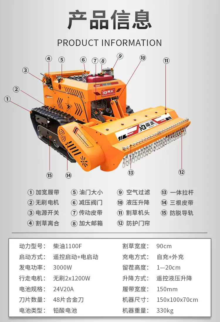 Nanben all terrain diesel remote-controlled tracked lawn mower, multifunctional rotary tiller, weeding lawn mower, rotary tiller