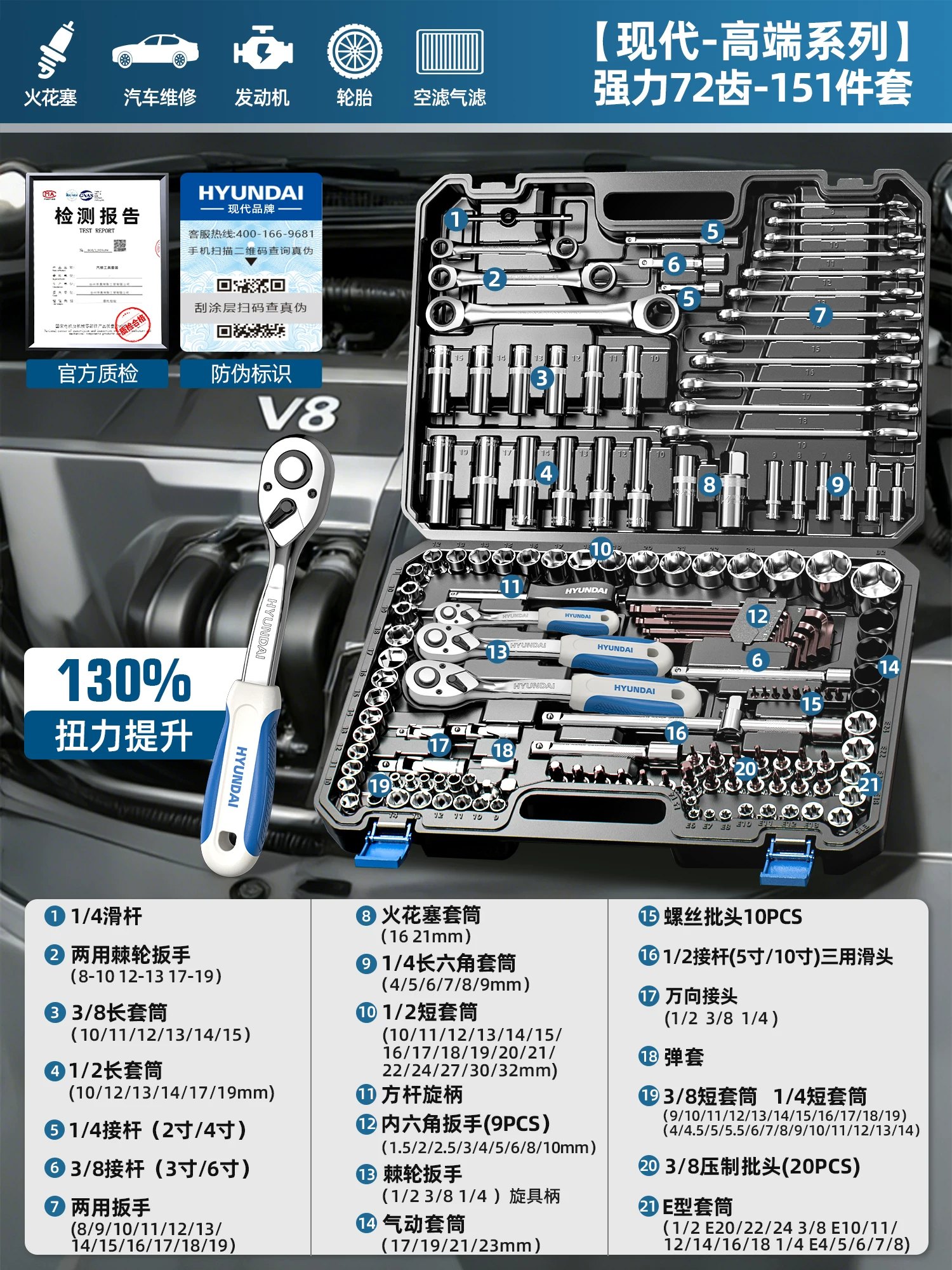 现代套筒组合套装棘轮扳手1/4吋套筒扳手中飞大飞修车汽修维修工具组合全套