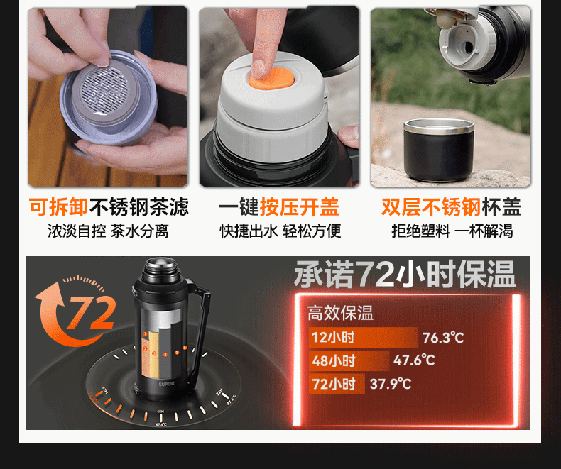 Supor Insulated Pot Large Capacity Portable Outdoor Stainless Steel Insulated Cup Warm Bottle Home Travel Car Hot Pot