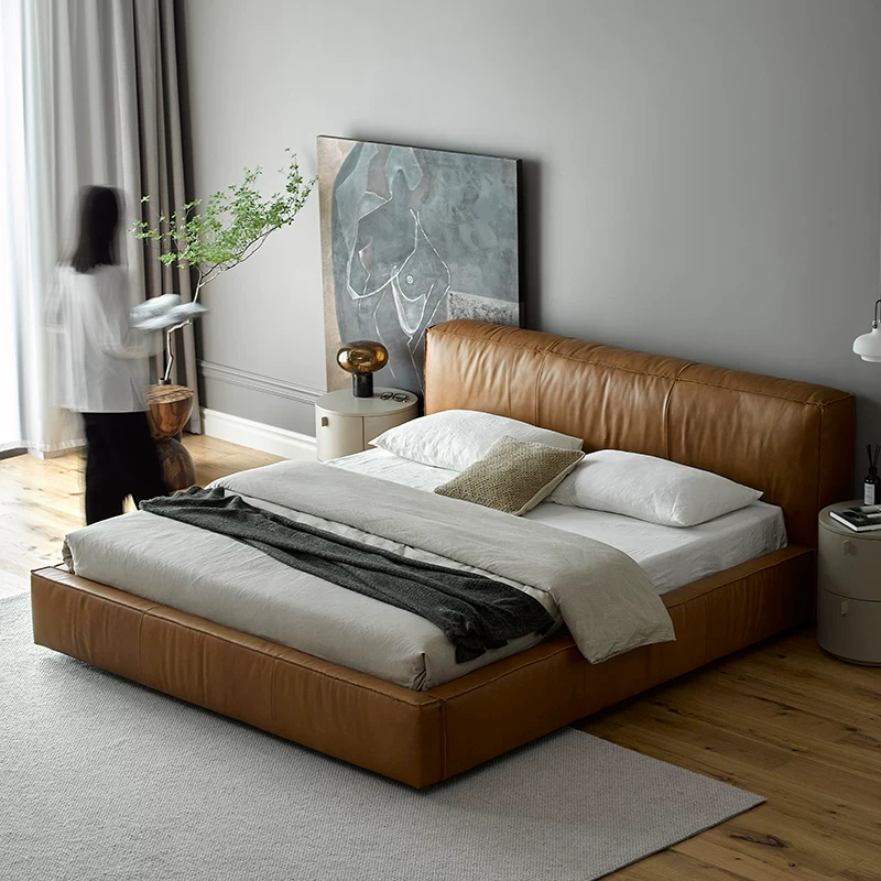 Kena Kona/Nordic Full Leather Badide Saymide Cowhide -Минималистская высокая кроватя с двойной кровати.