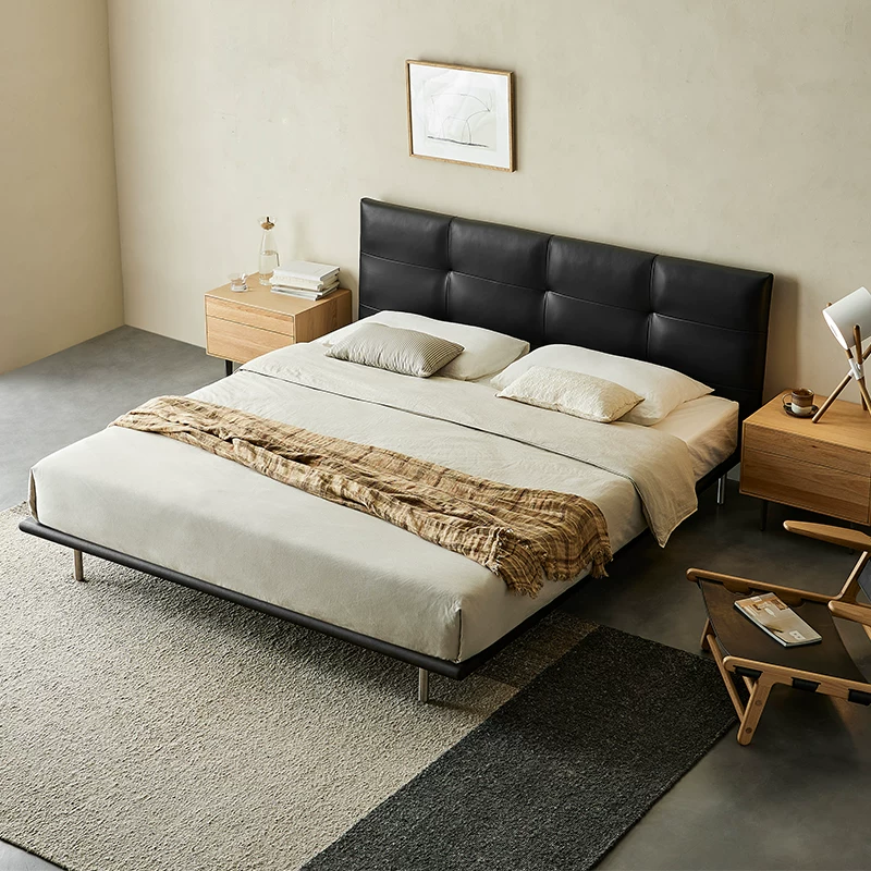 Kena Cocoa/Cocoa Bed Light Light Luxury Leather Современная минималистская черная главная спальня Подвесная нордическая настоящая деревянная двуспальная кровать z z