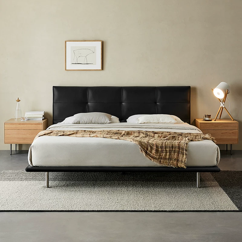 Kena Cocoa/Cocoa Bed Light Light Luxury Leather Современная минималистская черная главная спальня Подвесная нордическая настоящая деревянная двуспальная кровать z z