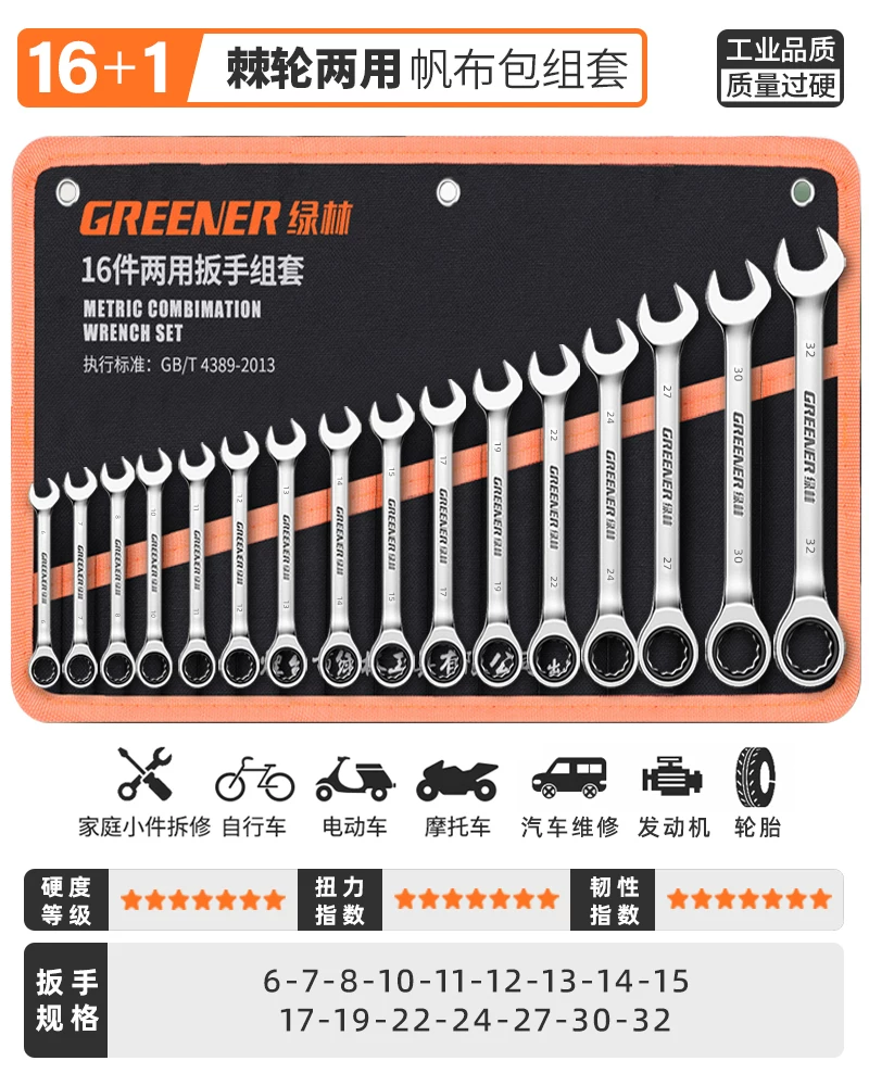 German Green Forest Dual purpose Wrench Set 15 piece Metric Plum Wrench and Ratchet Tool Set
