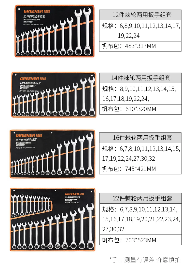 German Green Forest Dual purpose Wrench Set 15 piece Metric Plum Wrench and Ratchet Tool Set