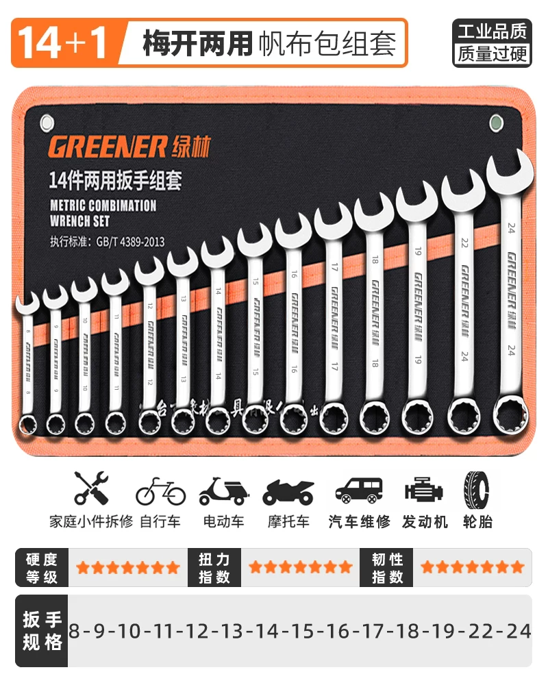 German Green Forest Dual purpose Wrench Set 15 piece Metric Plum Wrench and Ratchet Tool Set
