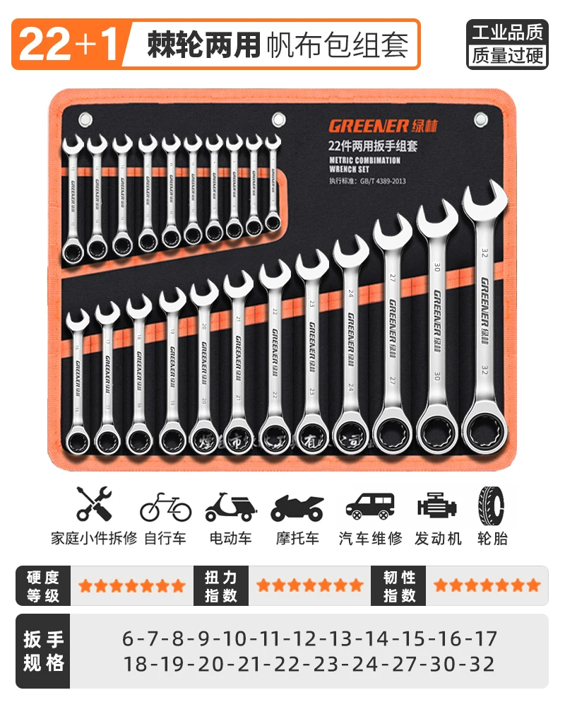 German Green Forest Dual purpose Wrench Set 15 piece Metric Plum Wrench and Ratchet Tool Set