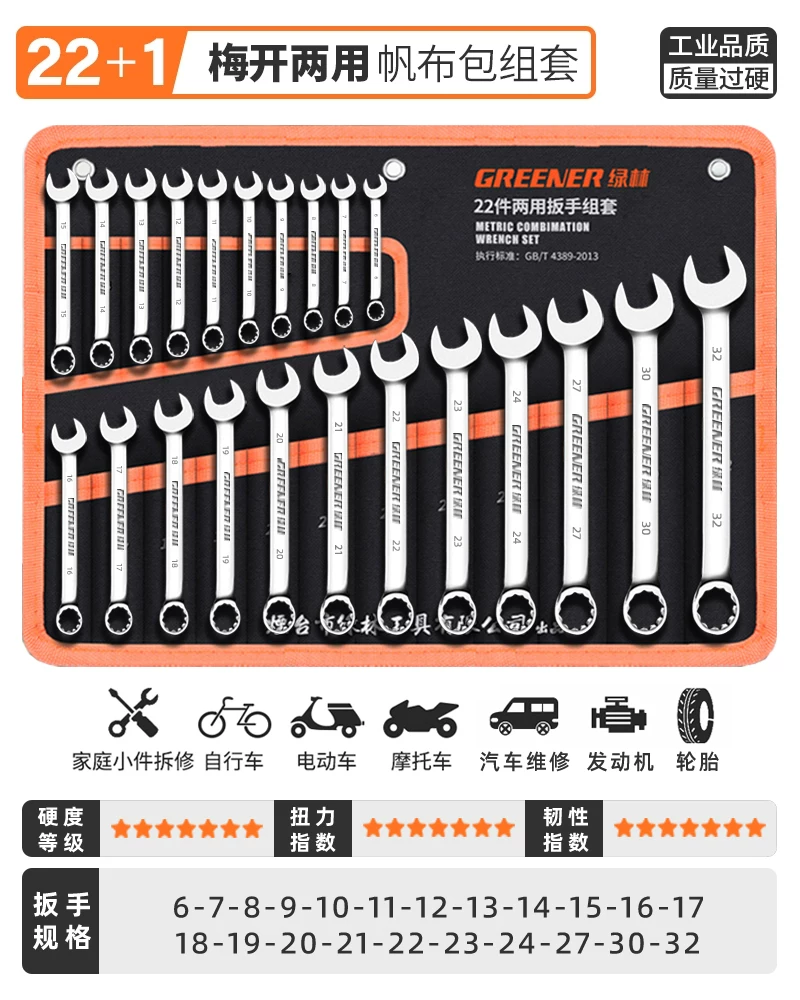 German Green Forest Dual purpose Wrench Set 15 piece Metric Plum Wrench and Ratchet Tool Set