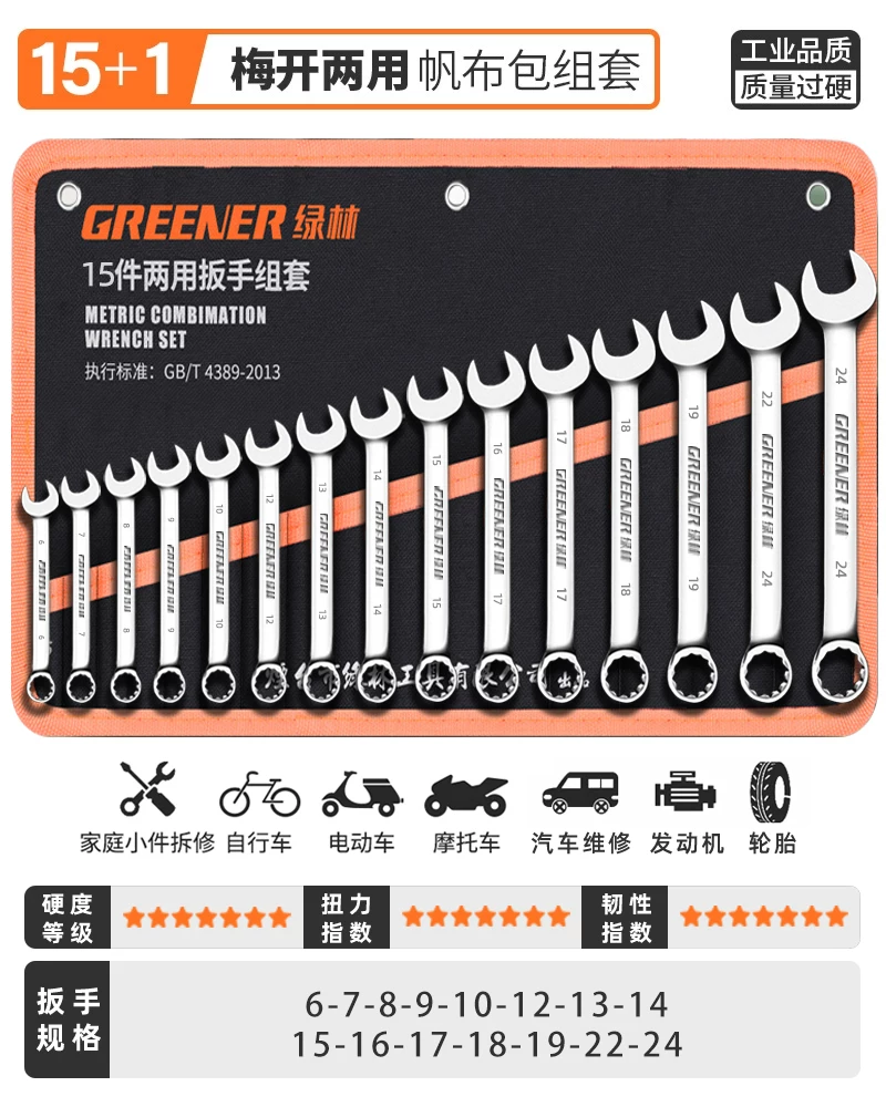 German Green Forest Dual purpose Wrench Set 15 piece Metric Plum Wrench and Ratchet Tool Set