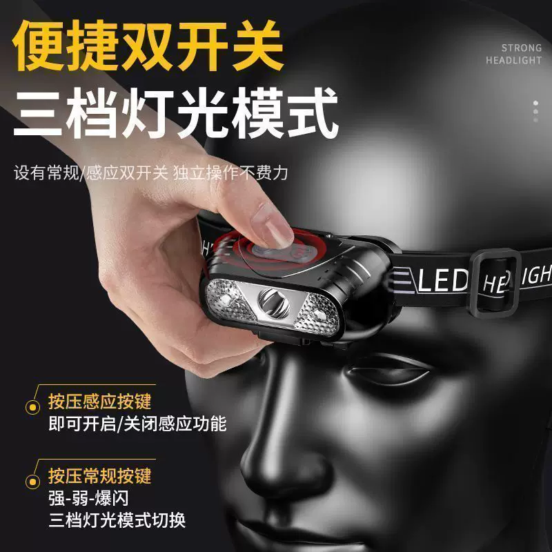Headlight super bright rechargeable head mounted strong light sensing special bright LED flashlight small portable night fishing light