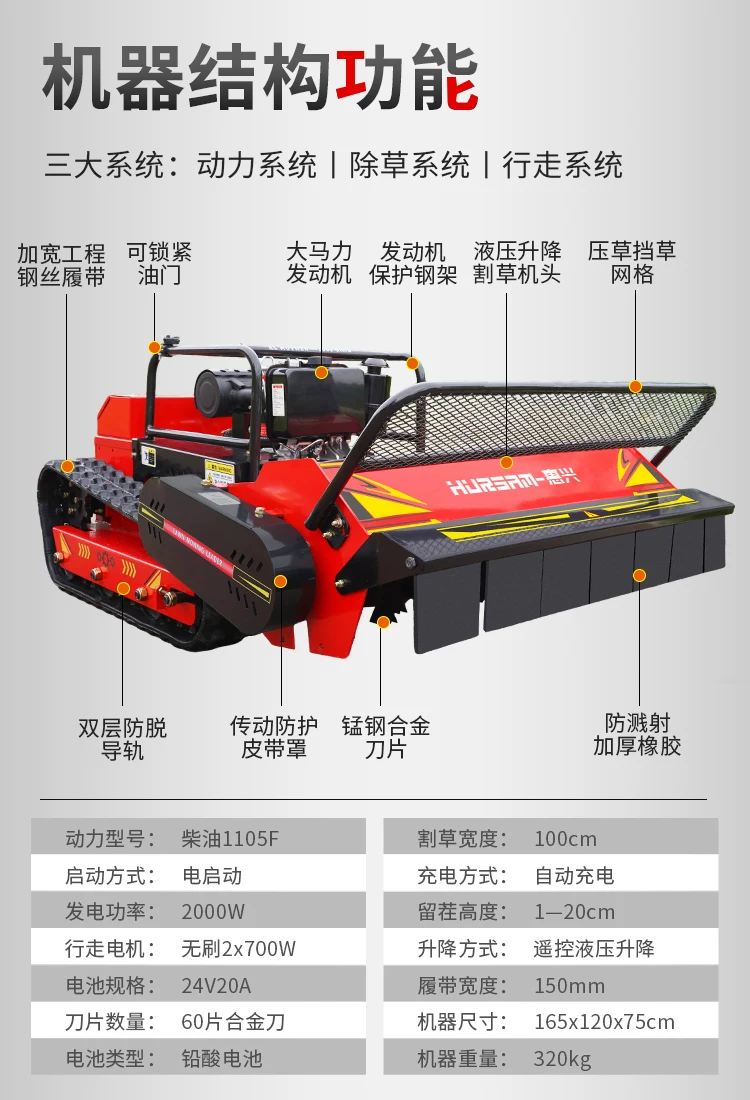 Remote control lawn mower, orchard track type weeding machine, lawn trimmer, garden all terrain land reclamation and grass breaking machine