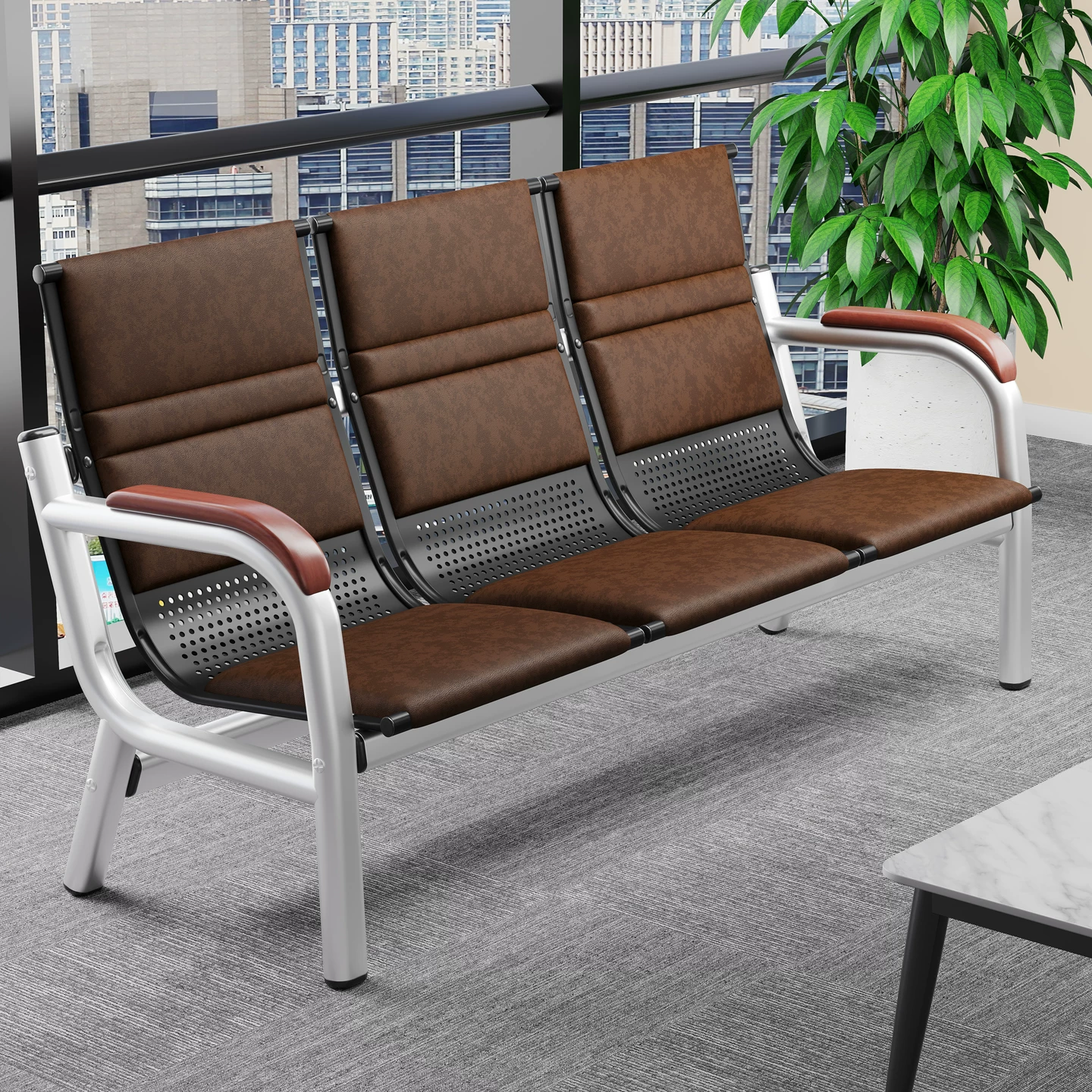 Диван-комбинация для офиса и зоны ожидания с журнальным столиком на железном каркасе, 3-местный