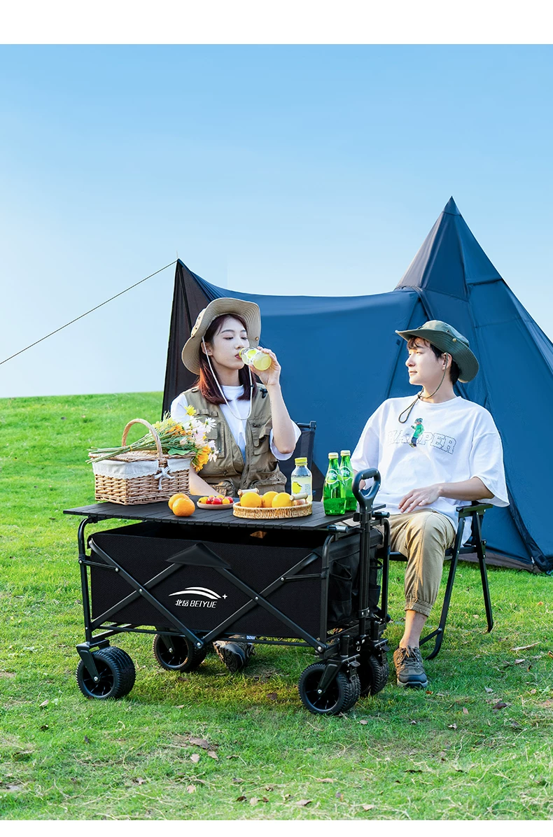 Foldable camping cart, outdoor oversized load-bearing camping handcart, thickened silent wheels, portable stall cart