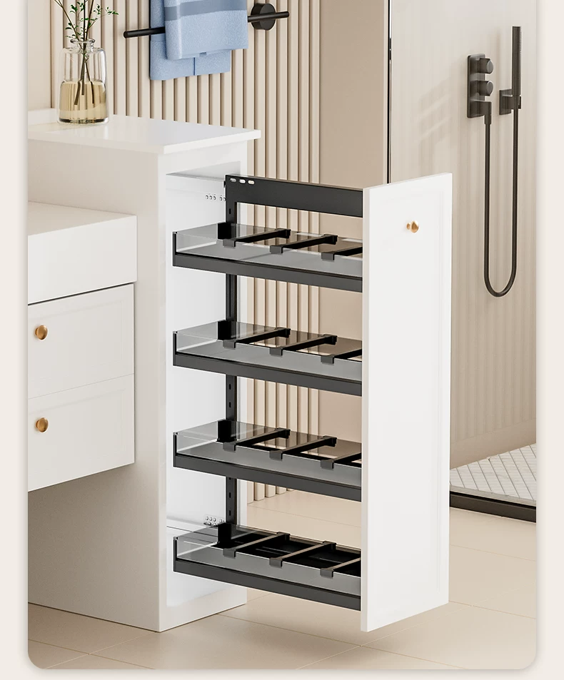 Makeup room half wall basket, bathroom extremely narrow cabinet, side mounted basket, drawer style side cabinet, storage rack, dry area storage basket
