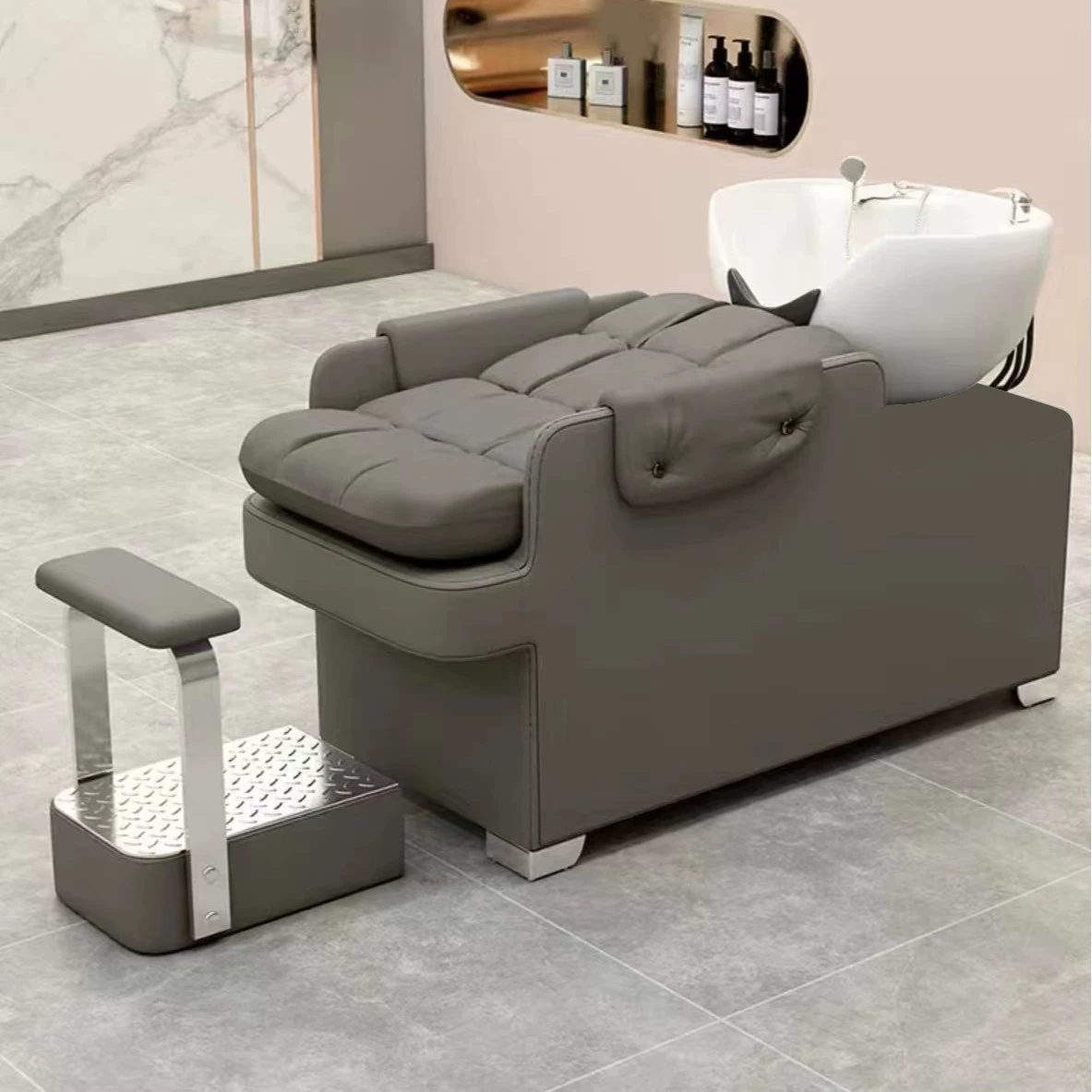 New hair washing bed, hair salon exclusive semi reclining large ceramic basin with foot pedals, high-end modern hair washing and hairdressing lounge chair